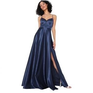 Lulu's Evening Radiance Navy Blue Satin Lace Up Gown Maxi Dress Women’s Size 1X